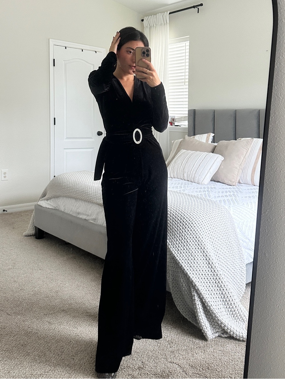 Mango Black Velvet Long-Sleeve Wrap Dress with Rhinestone Oval Buckle